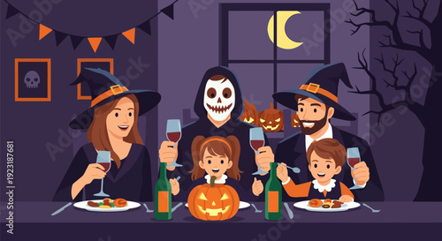 Happy Family Halloween Dinner Celebration with Costumes, Witches, and Jack-o'-Lanterns