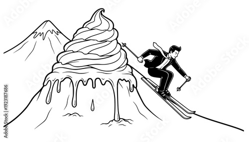 Business Man Skiing on Giant Melting Ice Cream Mountain, Playful Absurdity and Creative Escapism Concept