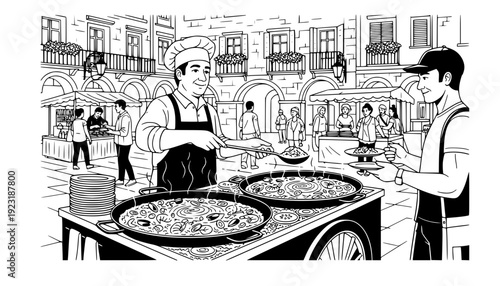 Street Food Vendor Serving Fresh Paella in Plaza, Authentic Local Flavor and European Tourism