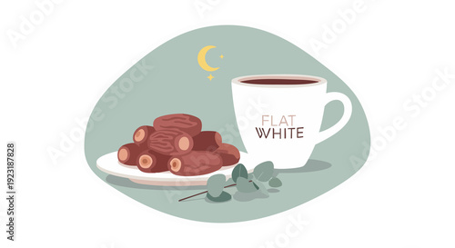 Charming flat illustration featuring a tranquil scene with sweet dates arranged on a plate next to a warm cup of coffee, ideal for a peaceful break or an evening treat