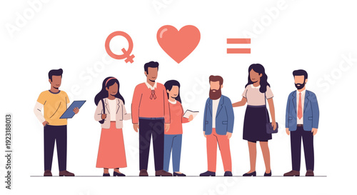 Diverse group of people standing together in a line with equality and love symbols above them on a white background
