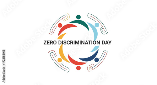 A vibrant illustration for Zero Discrimination Day featuring diverse people in a circular design with colorful curves and lines on a white background