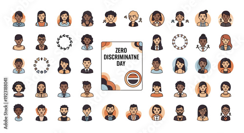 Diverse group of people icons celebrating Zero Discrimination Day with equality and diversity awareness illustration in a colorful design layout