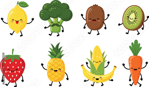 Set of cute kawaii fruit and vegetable characters with faces and minimalist black silhouette icons for healthy food education kids menu and vegan branding