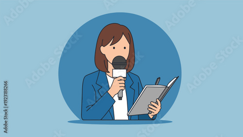 Woman Journalist Holding Microphone and Notebook.