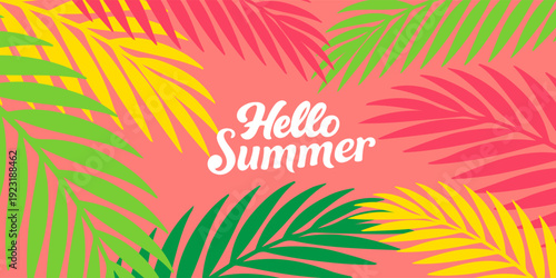 summer tropical minimal background with tropical palm leaves. colorful tropical leaves nature collection for summer or spring poster cover, flayer, cards abstract background.