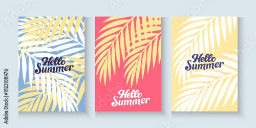 summer tropical minimal background with tropical palm leaves. colorful tropical leaves nature collection for summer or spring poster cover, flayer, cards abstract background.