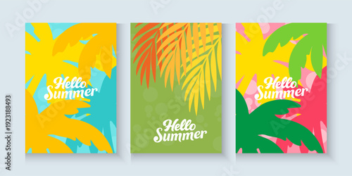 summer tropical minimal background with tropical palm leaves. colorful tropical leaves nature collection for summer or spring poster cover, flayer, cards abstract background.