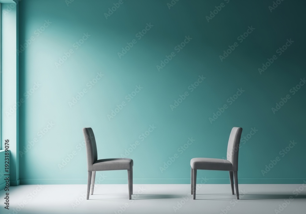 Obraz premium Minimal room setup with two chairs symbolizing dialogue, therapy, interview, or communication.