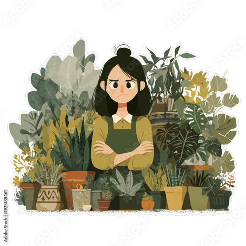 plant mom humorous illustration | woman surrounded by houseplants | dramatic expressive plants | funny cartoon style | whimsical indoor garden scene | playful character art | exaggerated plant persona