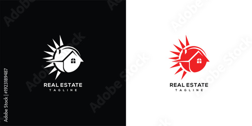 Real Estate Logo House with Sun Rays White  Red Concepts.