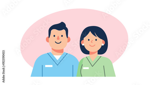 Happy Healthcare Team: Flat Vector Illustration of Smiling Male Doctor and Female Nurse in Scrubs, Medical Staff Duo Portrait.