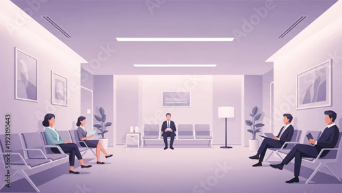 Business Professionals Waiting in Modern Office Reception Area. Minimalist corporate lobby with diverse people anticipating interviews, meetings, or medical appointments.