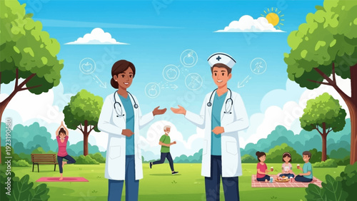 Doctors and Nurse Promote Healthy Lifestyle, Wellness, and Preventative Medicine Outdoors. Diet, Exercise, and Public Health Consultation Vector Illustration.