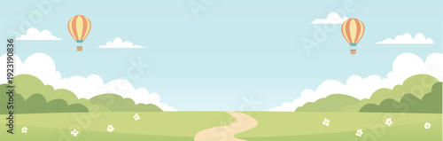 Minimalist spring landscape panorama with winding path, green hills, and hot air balloons. Wide vector background with fluffy clouds and blue sky for nature banners and copy space