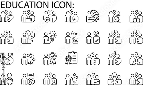 Education line icons set, teamwork, collaboration, learning, communication, achievement, idea generation, problem solving, discussion, creativity, success, motivation, innovation, leadership