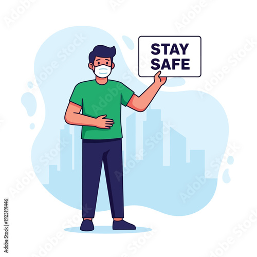 Safety Awareness Man Wearing Mask Stay Safe Message