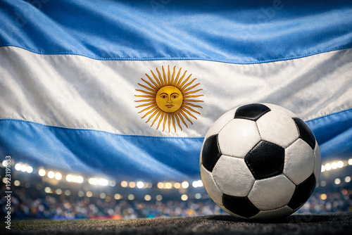 Football on a world cup stadium against Argentina Flag and blurred gallery full of people with copy space for text