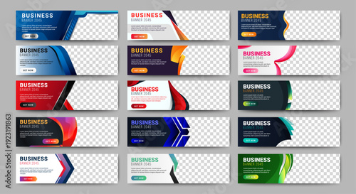 Big set of horizontal business banner templates. Modern technology design, abstract background layout with photos. Editable Vector corporate and advertising business banner layout template. vector