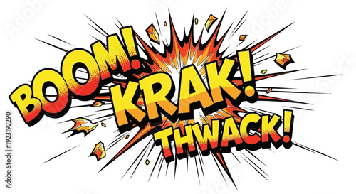 Vibrant comic book explosion text effect with sound effects