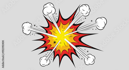 cartoon explosion burst comic style boom effect red yellow starburst thick black outline flat vector isolated background, cartoon explosion, comic boom, starburst, blast effect, red yellow burst, pop 