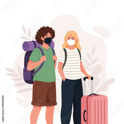 Safe Travelers Wearing Masks Ready for Vacation