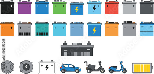 Colorful car battery and vehicle power cell vector set featuring lead acid batteries, electric scooter icons, and charging symbols for automotive energy concepts