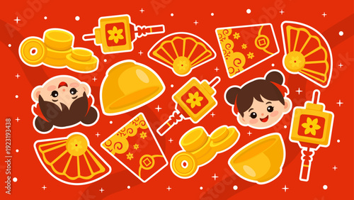 Festive background featuring smiling children and traditional gold sycee symbols for wealth and prosperity