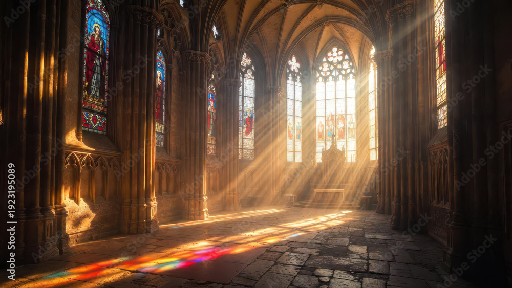 Fototapeta premium Sunlight streams through vibrant stained glass, illuminating a grand gothic cathedral interior with colorful patterns.
