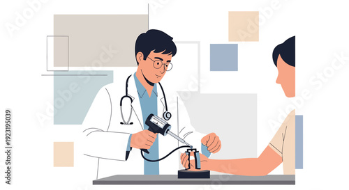 Doctor Examining Patient's Arm with Medical Device in Clinic