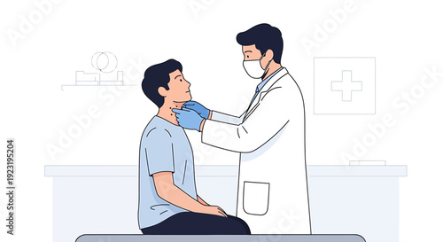 Doctor examining patient's neck in clinic, medical checkup and healthcare concept