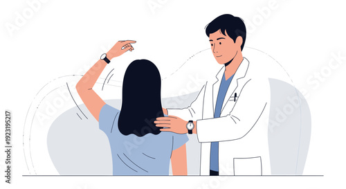Doctor examining patient's shoulder in clinic, healthcare concept
