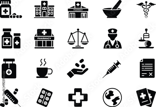 Professional Medical Icon Set Featuring Healthcare Symbols Pharmacy Buildings Medicine Bottles Syringes Doctors Pills Mortar Pestle Hospital Signage and Clinical Equipment