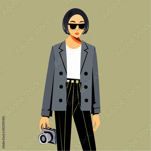 cool‑toned street photographer poised in sharp tailored layers, capturing the world with effortless confidence and modern creative edge