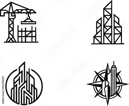 Construction Icons Set: Tower Crane, Skyscraper Silhouettes, Building Vector Line Art.