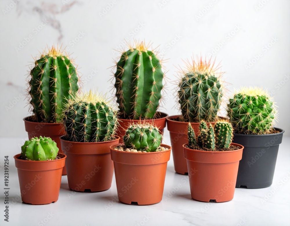Fototapeta premium Collection of Various Potted Cacti Displayed on a White Surface with Natural Light.