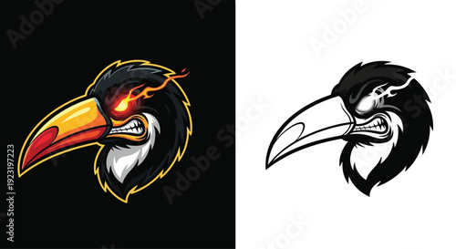 Fierce toucan bird head logo design in vibrant color and monochrome versions for branding.