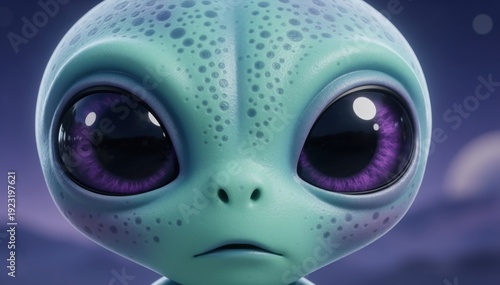 Curious Gaze from Another World: An adorable, big-eyed extraterrestrial gazes directly at the viewer, its large purple eyes conveying curiosity and wonder, while set against a cosmic backdrop.