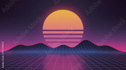 Retro futurism synthwave gradient sunset over mountains with neon grid