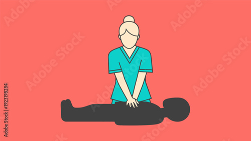 Cardiopulmonary Resuscitation (CPR) Illustration. Healthcare Professional Performing Chest Compressions. Emergency First Aid and Medical Training Icon.