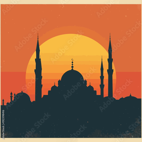 Retro Travel Poster Style Mosque Silhouette at Sunset During Ramadan