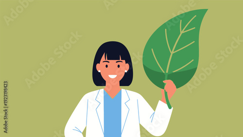 Smiling Female Doctor Holding Green Leaf. Natural Health, Herbal Medicine, Nutritionist, Botanist, Scientist in Lab Coat Illustration.