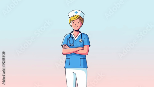 Smiling Female Nurse Character Illustration in Blue Scrubs. Confident Medical Professional Staff Vector Icon.