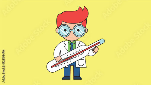 Pediatric Doctor Character Holding Giant Thermometer. Health Check, Fever, and Illness Concept. Simple Medical Cartoon Illustration on Yellow Background.