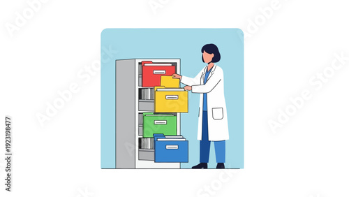 Medical Records Filing: Doctor or Administrator Searches Patient Data in Filing Cabinet. Healthcare Documentation and Organization Flat Vector Illustration.