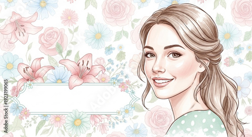 Woman smiling with floral background and blank text box for greeting or invitation