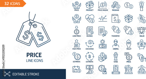 Set of 32 editable price line icons for financial transactions currency exchange estimates and retail value