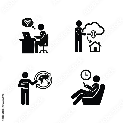 Remote work and home office icon set, digital lifestyle concept, bold silhouette style