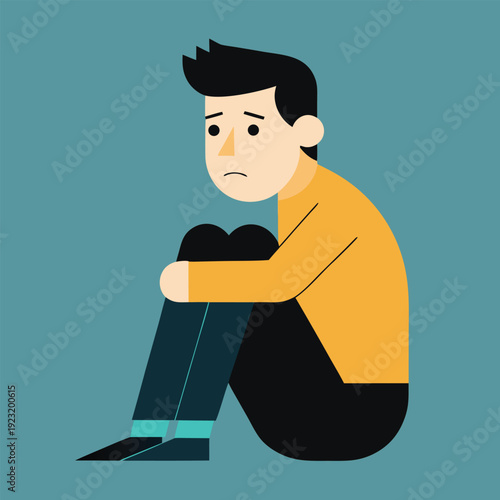 Sad man sitting on floor hugging knees feeling lonely and depressed against blue background vector