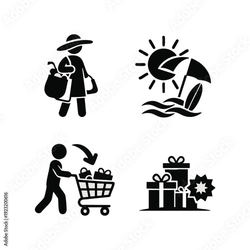 Summer vacation and shopping icon set, retail holiday concept, minimal silhouette style